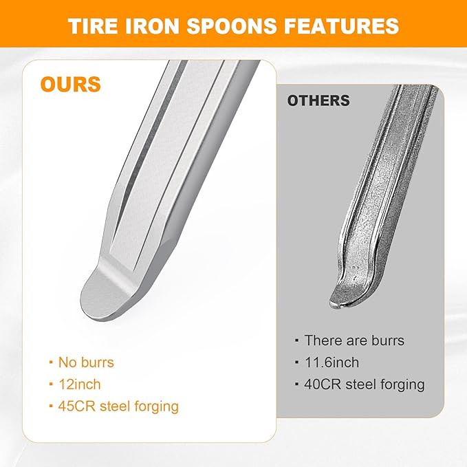 Tire Spoons Tire Iron - 2Pcs 12In Industrial-Grade Heavy-Duty Steel Tire Removal & Changing Tool for Motorcycle, Bicycle, Lawn Mower, Scooter, Small Vehicles