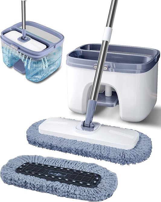 Flat Microfiber Mop and Bucket Set with Wringer, 360° Spin Mop for Floor & Wall Cleaning, 17.7x9in Wide Head, 2 Washable Pads, Hands-Free