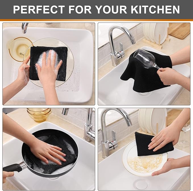 Kitinjoy 100% Cotton Kitchen Dish Cloths, 12 Pack Waffle Weave Ultra Soft Absorbent Dish Towels for Drying Dishes Quick Drying Kitchen Towels Dish Rags, 12 X 12Inch, Black