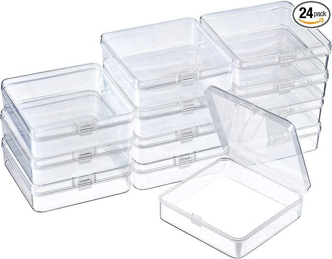 SATINIOR 24 Packs Small Clear Plastic Beads Storage Containers Box with Hinged Lid for Storage of Small Items, Crafts, Jewelry, Hardware (3.7 x 3.7 x 1.18 Inches)