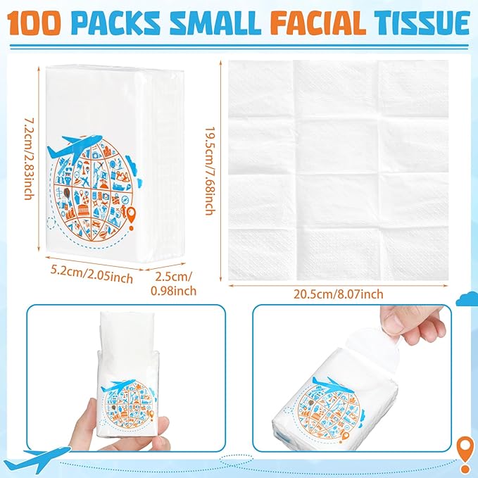 Therwen 100 Pack Pocket Tissues Travel Packs Bulk 1000 Sheet Mini Tissues Bulk 3 Ply Small Travel Size Paper Individual Pocket Size (Journey Theme)