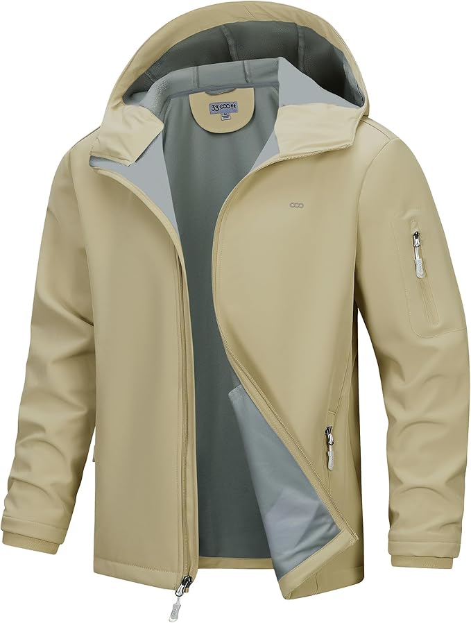 33,000ft Men's Hooded Softshell Jacket Waterproof Lightweight Insulated Windbreaker Fleece Lined Rain Shell Jacket