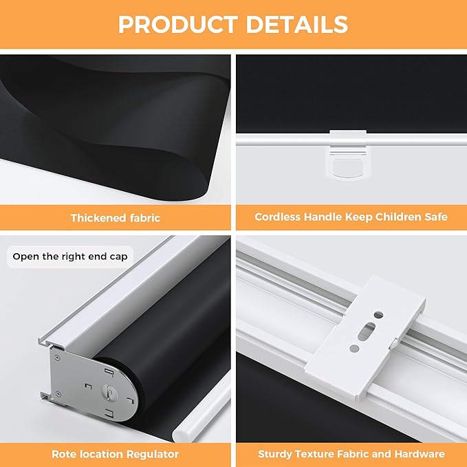 Cordless Roller Shades Blackout Blinds for Windows Room Darkening Rolled Up Shades with Spring System, UV Protection Window Shades Door Blinds for Home and Office (Black, 24" W x 72" H)