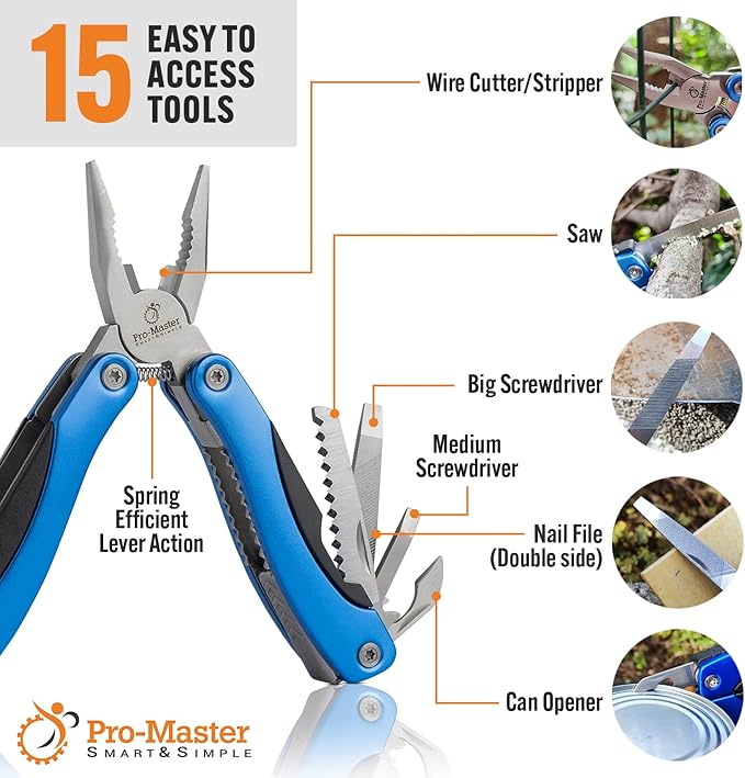 15-in-1 Multitool with Safety Lock, Stainless Steel Pocket Knife & Pliers, Compact EDC Multi Tool, Spring Loaded for Camping, Hiking, Fishing, Outdoors, Survival, Gift for Men, Dad, Husband, Boyfriend