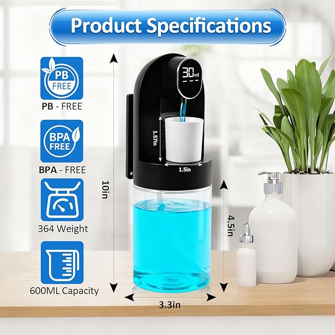 Automatic Mouthwash Dispenser for Bathroom, 600ml (20.29oz) Electric Mouth Wash with Digital Display, 4 Dispensing Modes, Magnetic Cup & Wall Mounted Holder, Bathroom Accessories for All Age Groups