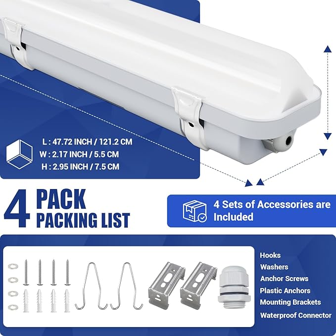 4FT LED Vapor Tight Light 60W/50W/40W,4000K/5000K/6000K CCT Selectable 7800lm (150W Eq.) IP65 Waterproof Outdoor Shop Light LED Vapor Proof Fixture for Garage Shop Barn Basement ETL 4-Pack