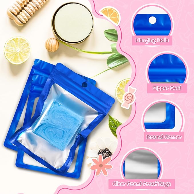 FUNFERY 100 Pack Mylar Resealable Bags Foil Packaging Bags with Clear Window,Zipper Pouch Smell Proof Bag for Food Storage,Cookies,Sample,Small Business(Blue,3x4.7inch)