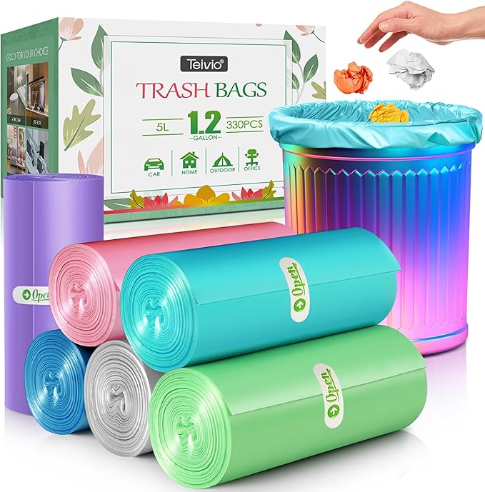 1.2 Gallon/330pcs Strong Trash Bags Colorful Clear Garbage Bags by Teivio, Bathroom Trash Can Bin Liners, Small Plastic Bags for home office kitchen, Multicolor