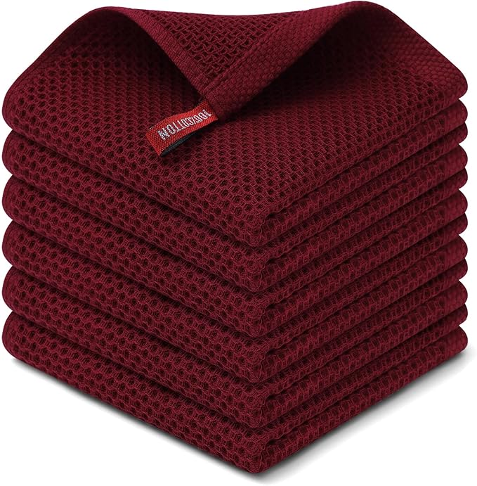 Kitinjoy 100% Cotton Kitchen Dish Cloths, 6 Pack Waffle Weave Ultra Soft Absorbent Dish Towels for Drying Dishes Quick Drying Kitchen Towels Dish Rags, 12 X 12 Inches, Burgundy