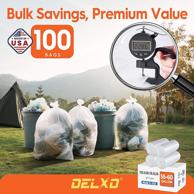 Delxo 55-60 Gallon Trash Bags, 100 Count – 0.9 Mil Medium Duty Garbage Bags, Durable & Puncture-Resistant Plastic Bolsas para basura, Perforated Design– Made in USA for Kitchen, Yard, Office (Clear)