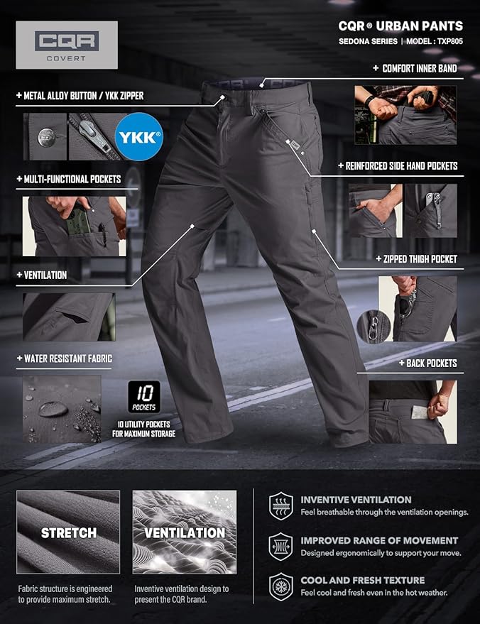 CQR Men's Vent Stretch Pants, Quick Dry Lightweight Casual Cargo Pants, Water Resistant Straight-Fit Utility Work Pants