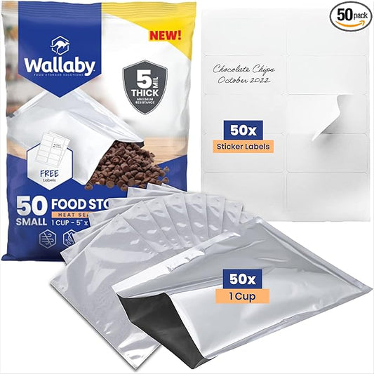 Wallaby 50 Count 1-Cup Mylar Bags with Labels, 10 Mil Total Thickness Long-Term Food Storage Pouches, 5x7 Heat-Sealable Airtight Packaging - Silver