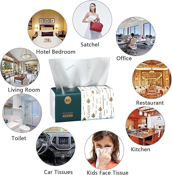 Pack of 4, Small Facial Tissue, Toilet Paper, Bag Cover, Disposable Napkin, Material Wood Pulp Fiber NOT COTTON, White Facial Paper, 4-Ply, 400 Sheets per Pack