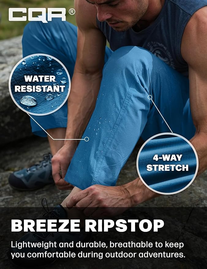 CQR Men's Lightweight Vent Hiking Pants, Water-Resistant & Breathable Sports Outdoor Athletic Pants with Elastic Waist