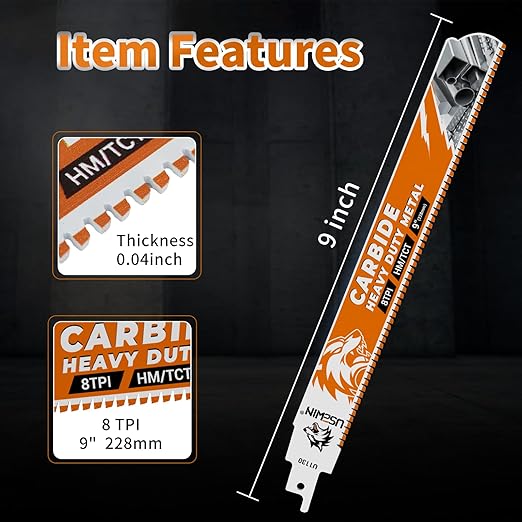 3 Pack Carbide Reciprocating Saw Blades, 9 Inch 8 TPI Metal Blades, Pruning Blade for Reciprocating Saw for Thick Metal, Cast Iron, Alloy Steel