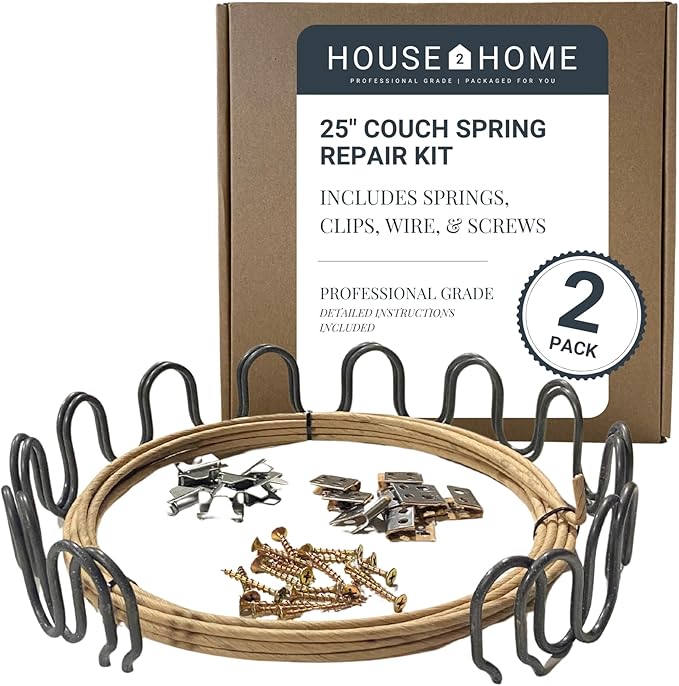 House2Home 25" Couch Spring Repair Kit to Fix Sofa Support for Sagging Cushions - Includes 2pk of Springs, Upholstery Spring Clips, Seat Spring Stay Wire, Screws, and Installation Instructions