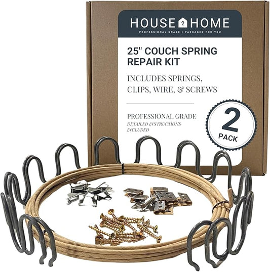 House2Home 25" Couch Spring Repair Kit to Fix Sofa Support for Sagging Cushions - Includes 2pk of Springs, Upholstery Spring Clips, Seat Spring Stay Wire, Screws, and Installation Instructions
