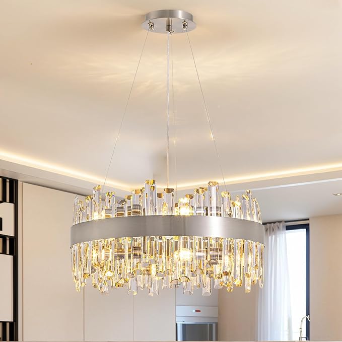 Siljoy Modern Crystal Chandelier, 12-Lights Contemporary 2-Tiers K9 Crystal Raindrop Chandelier Flush Mount Crystal Pendant Ceiling Light Fixture for Dining Living Room Kitchen Island D19.7''