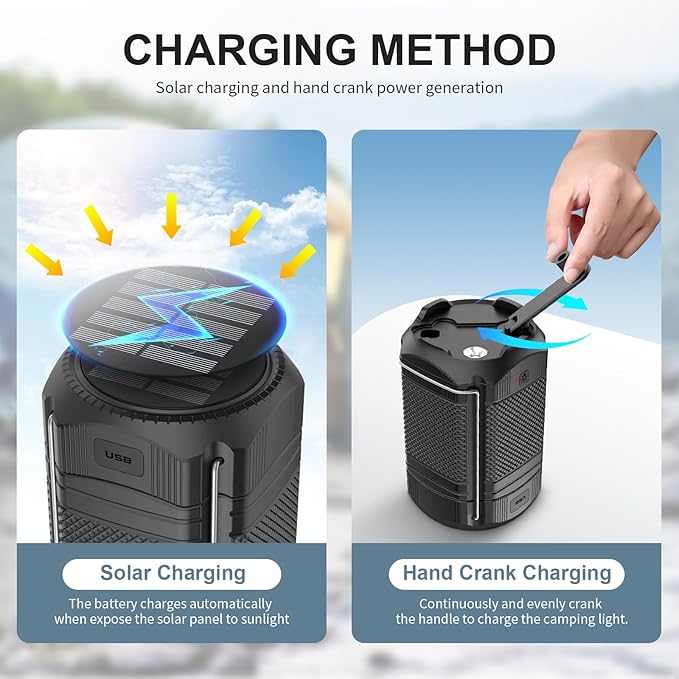 Camping Lantern 5000mAh Solar Hand Crank Telescopic LED Flashlight USB Charger for Power Outages ,Portable Rechargeable Battery Powered Operated Lanterns Lamp, Camping Gear Accessories (Black)