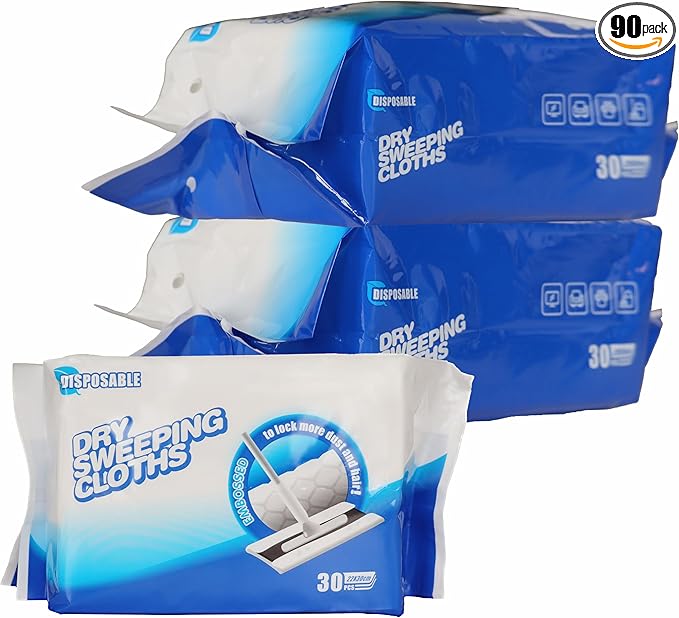 KMAKII Dry Sweeping Cloths - 90 Counts, Electrostatic, Non-Woven, White, 11.81x8.66 Inch, Disposable, Dry Mop Refills for Floor Mopping and Cleaning