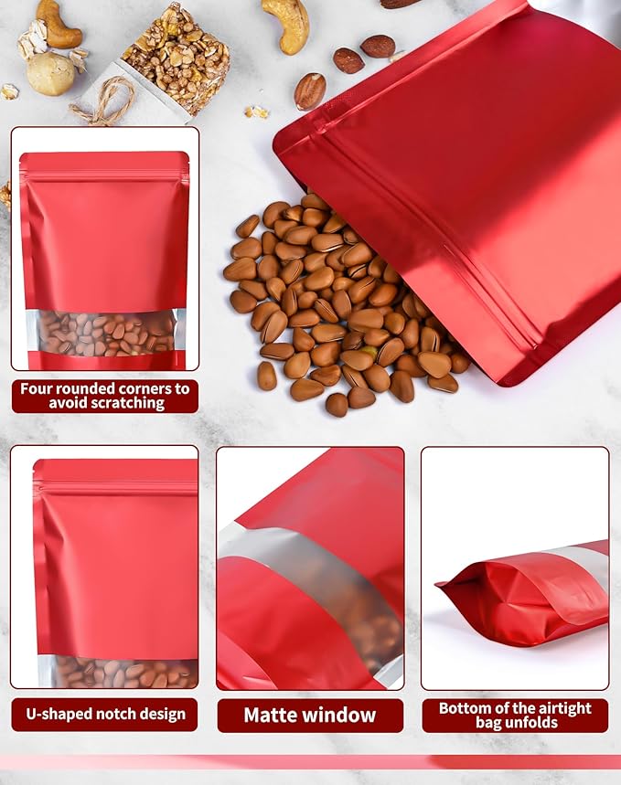 FireKylin 100 Pack Smell Proof Bags 4.7" x 7.9", Resealable Bags with Matte Window, Foil Pouch Stand Up Sealable Bags for Packaging（Red）