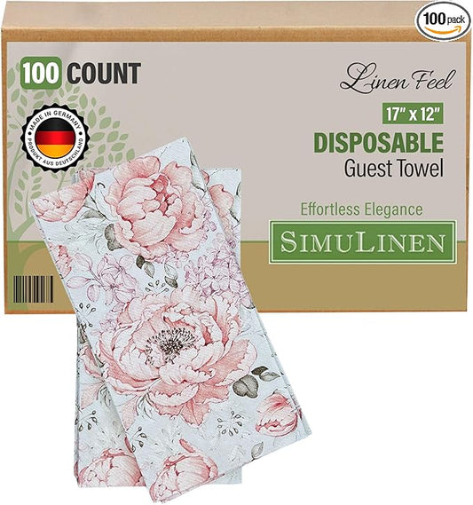 SimuLinen Pink Garden - Disposable Paper Towels for Bathroom, Guest Hand Towels, Cloth-Like Linen-Feel, Single-Use, Size 12x17" - 100ct (Made in Germany)