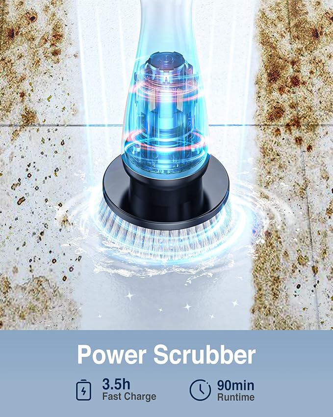 LABIGO Electric Spin Scrubber LA1 Pro, Cordless Spin Scrubber with 4 Replaceable Brush Heads and Adjustable Size Extension Handle Power Full Cleaning Brush for Bathroom Floor, Light Black
