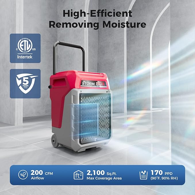 ALORAIR 170 PPD Commercial Dehumidifier with Pump, 2,100 Sq.Ft Space Cover Industrial Use Portable Dehu, with Wheels, Fit for Water Damage Restoration, Carpet Drying, Basement, Garage, Storm 80X Red
