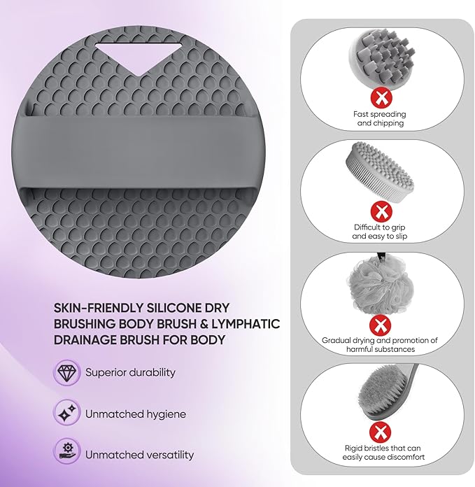 Anti Zinc Infused-Silicone Body Scrubber – Lymphatic Brush Exfoliating Body Scrubber for Shower Body,with Stiff and Soft Bristles for Anti-Puffiness,Blood Circulation - Gray