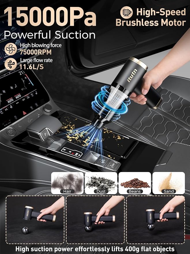Mini Car Vacuum Cleaner, 15000PA Powerful Suction, Portable Cordless Vacuum for Car, Handheld Small Vacuum Cleaner & Air Duster for Home, Desk,PC, Keyboard (Mini Vacuum + 11 attachments)