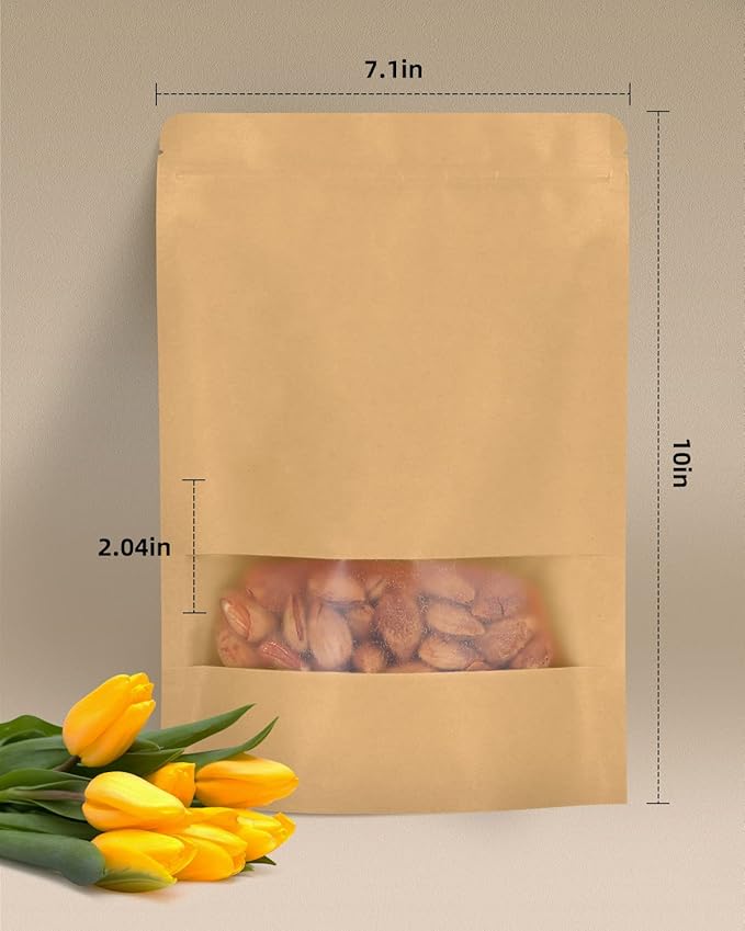 50pcs Kraft Bags with Window 7.1x10 Inches Brown Reusable Sealable Zip Lock Food Storage Stand up Paper Pouches for Home or Business