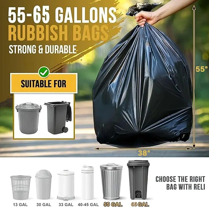55-60 Gallon Trash Bags, 100 Count High Density Garbage Bags, Recycling Trash Can Liners, Sturdy & Tear-Resistant Large Black Plastic Bag for Kitchen Yard Outdoor Commercial Use, Lawn Leaf Waste Bags