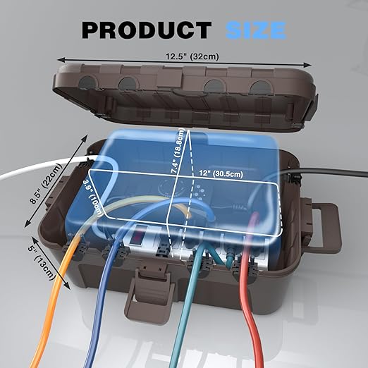 Flemoon Outdoor Electrical Box Waterproof, IP54 Waterproof Extension Cord Cover, Protect Outlet, Plug, Socket, Timer, Power Strip, Holiday Light, Large Weatherproof Connection Box, Brown