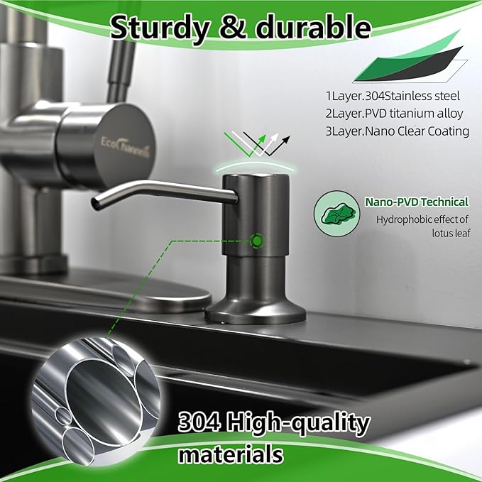 Built in Soap Dispenser for Kitchen Sink, Stainless Steel Gun Gery Countertop Pump Head, Dish Soap Hand Lotion Dispenser with Refillable 17oz Bottle