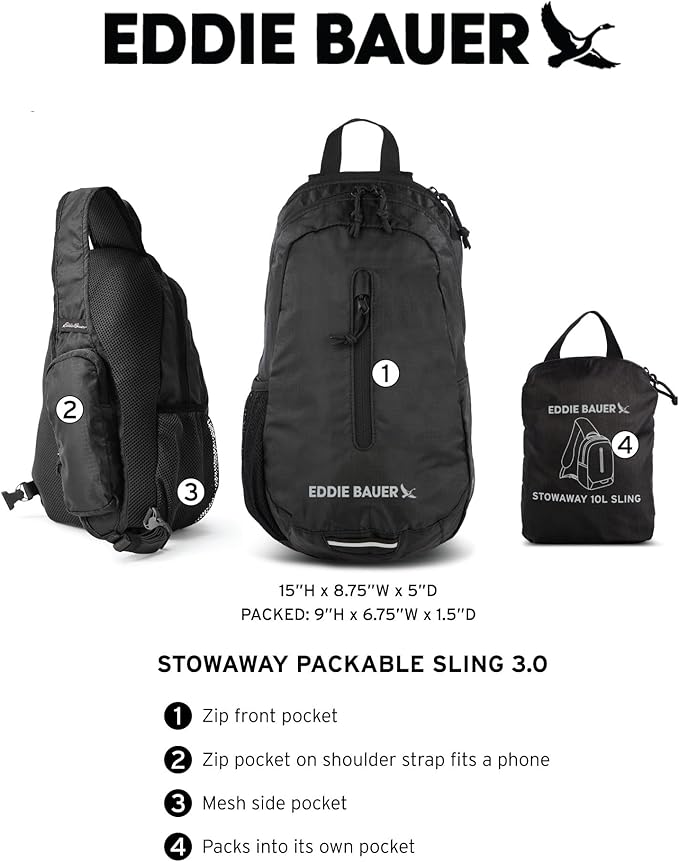 Eddie Bauer Stowaway Packable Sling Bag | Foldable | Travel | Outdoor | Lightweight | Compact | Everyday Carry | Ripstop Nylon | 10L - Black Cherry