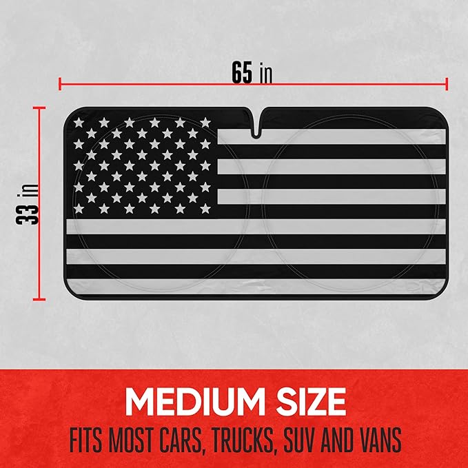 Motor Trend USA Black American Flag Car Windshield Sun Shade for Front Window, Foldable Car Sun Shade with Patriotic Graphic, Collapsible Sun Visor Sunshade for Cars Windshield (Medium 65" x 33")