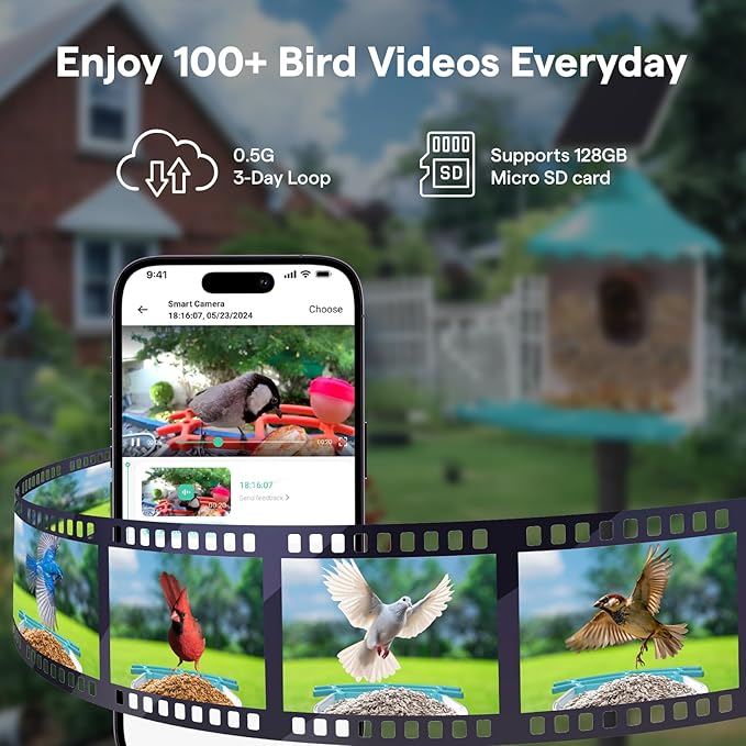 BirdsView Solar Powered Bird Feeder with 2K Ai Camera, Hummingbird Feeder, Bird House Camera, Live Alerts & Species Recognition – Gift for Bird Lovers