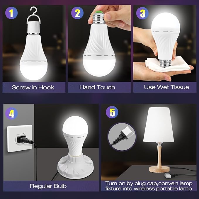 Emergency-Rechargeable-Light-Bulb, Stay Lights Up When Power Failure, 1500mAh 12W 60W Equivalent LED Light Bulbs for Home, Camping, Hiking (E27, with Hook,with Plug Cap) 4 Pack