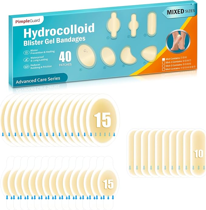 40ct Blister Bandages for Feet Hydrocolloid Bandages Waterproof Blister Cushion for Feet Toes Heels Blister Pads for Prevention Variety Pack