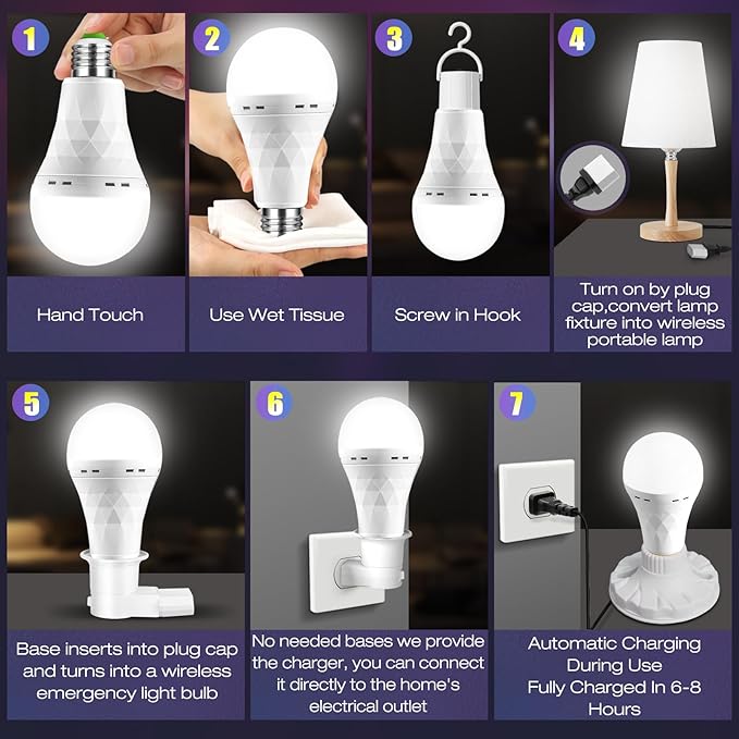 Emergency Rechargeable Light Bulbs, Stay Lights Up When Power Failure, 1500mAh 12W 60W Equivalent LED Light Bulbs for Home, Camping, Hiking ((with Hook,with Plug Cap,with socket adapter) 6 Pack