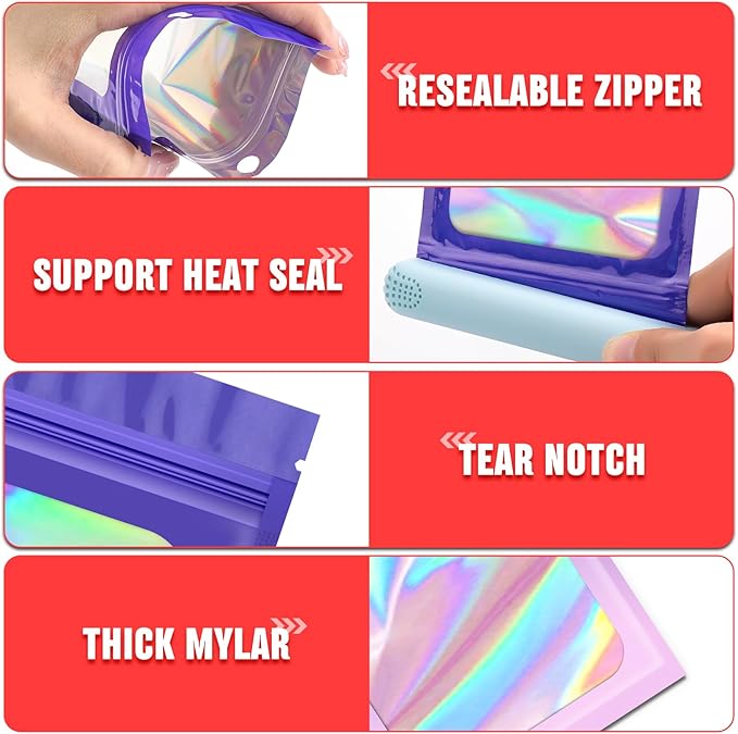 Funfery 300 Pack 3 Size Mylar Holographic Bags with Clear Window,Resealable Bag Smell Proof Foil Baggies Packaging Pouch for Food Storage,Sample,Small Business(Purple Pink,3x4.7,4x6,4.7x7.9in)