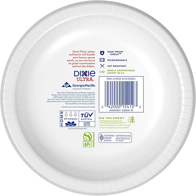 Dixie Ultra, Large Paper Bowls, 20 Oz, 26 Count (Pack of 6), Microwave Safe, Compostable, Disposable Bowls Great For Breakfast, Lunch, And Dinner Meals