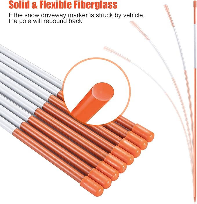 CZC AUTO 50PCS 48 Inch Driveway Marker Reflectors 5/16 Inch Dia Orange Fiberglass Snow Stakes with Reflective Tape for Easy Visibility Reflective Driveway Poles for Snow Plowing with Gloves&Drill Bit