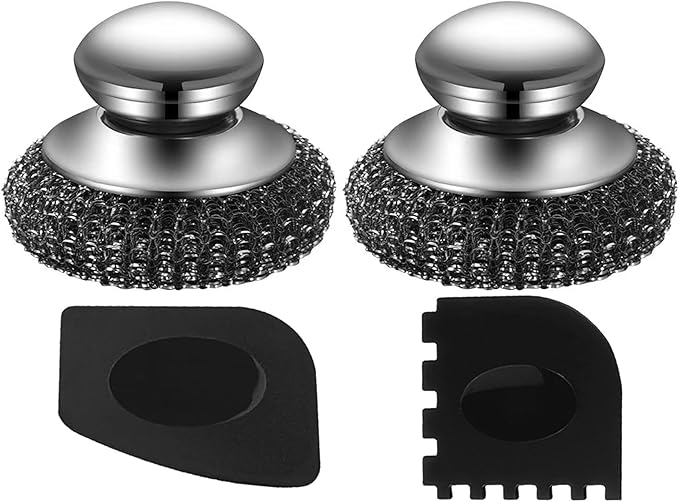 Onewly 2Pack Steel Wool Scrubber Set, Stainless Steel Scrubber with Stainless Steel Handle, for Cleaning Dishes, Cast Iron, Stock Pots, Pans, Griddles, Grills