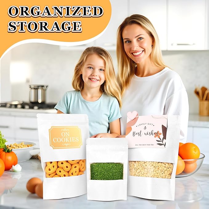 Food Bags 100 Pack Granola Trail Mix Bags Mylar Bags with Window Resealable Mylar Stand Up Pouches Wax Melt Candy Bar Tea Packaging Beef Jerky Chip Bag Bolsas para Carne Seca (6.7"x9.8")