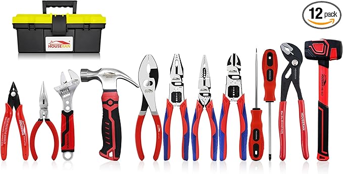 12-Piece Household Hand Tool Set with Toolbox – Heavy Duty CRV Pliers, Adjustable Wrench, Rubber Mallet & Claw Hammer for Home, Garage, Automotive & DIY Projects