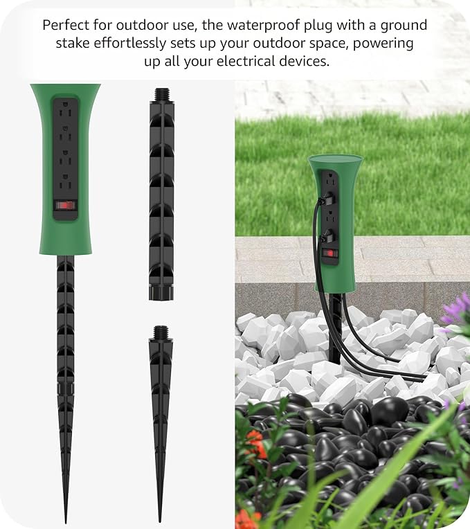 CCCEI Outdoor Power Strip Weatherproof with Stake, Waterproof Extension Cord with Multiple Outlets, Christmas Exterior Garden Decor, Yard, Camping, 4 Plugs, Surge Protector 6FT, Green.