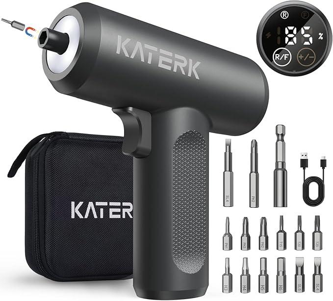 Electric Screwdriver Set - 4V Cordless Screwdriver Rechargeable 2500mAh - 5 Torque Settings Power Screwdriver 250RPM 5N·m Max - Tools for Furniture Electrical Repairs - LED, 15 S2 Metal Bit, 1/4" Hex