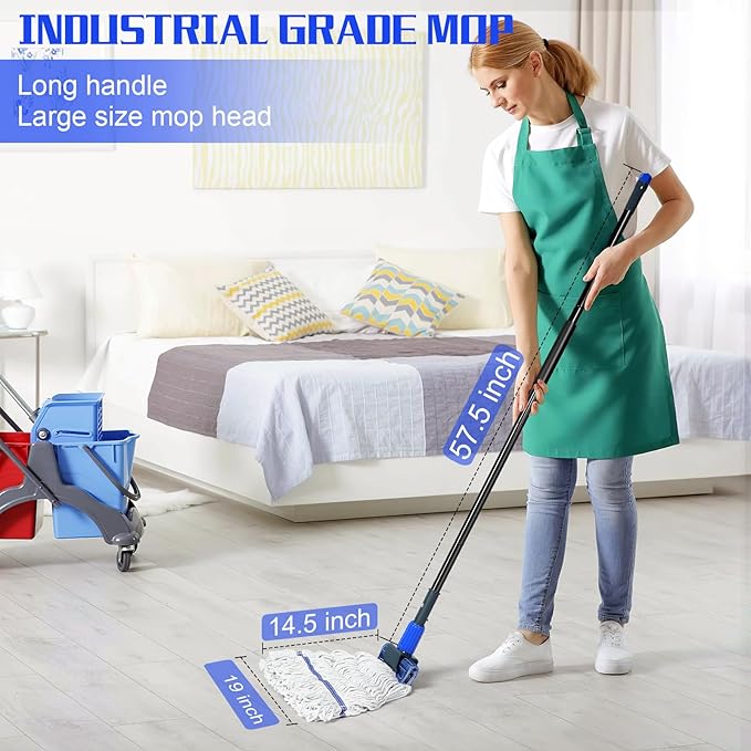 BUVE Commercial Heavy Duty Industrial Cotton Mop with Long Handle for Floor Cleaning, Looped-End String Wet Mop for Home, Garage, Office, Workshop, Warehouse