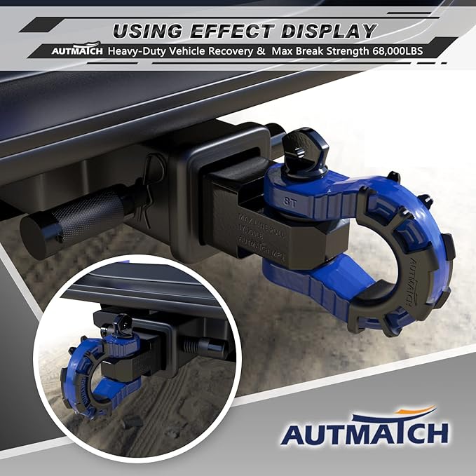 AUTMATCH Shackle Hitch Receiver 2" with 3/4" Mega D Ring Shackle and 5/8" Trailer Hitch Lock Pin, 68,000 Lbs Break Strength Heavy Duty Receiver Towing Kit for Off-Road Vehicle Recovery, Black & Blue